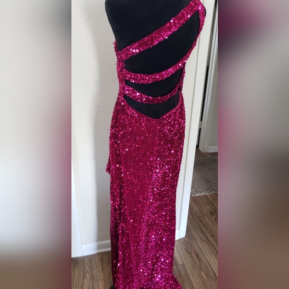 Crystal Doll Pink Sequin One-Shoulder Gown - Picture 3 of 6